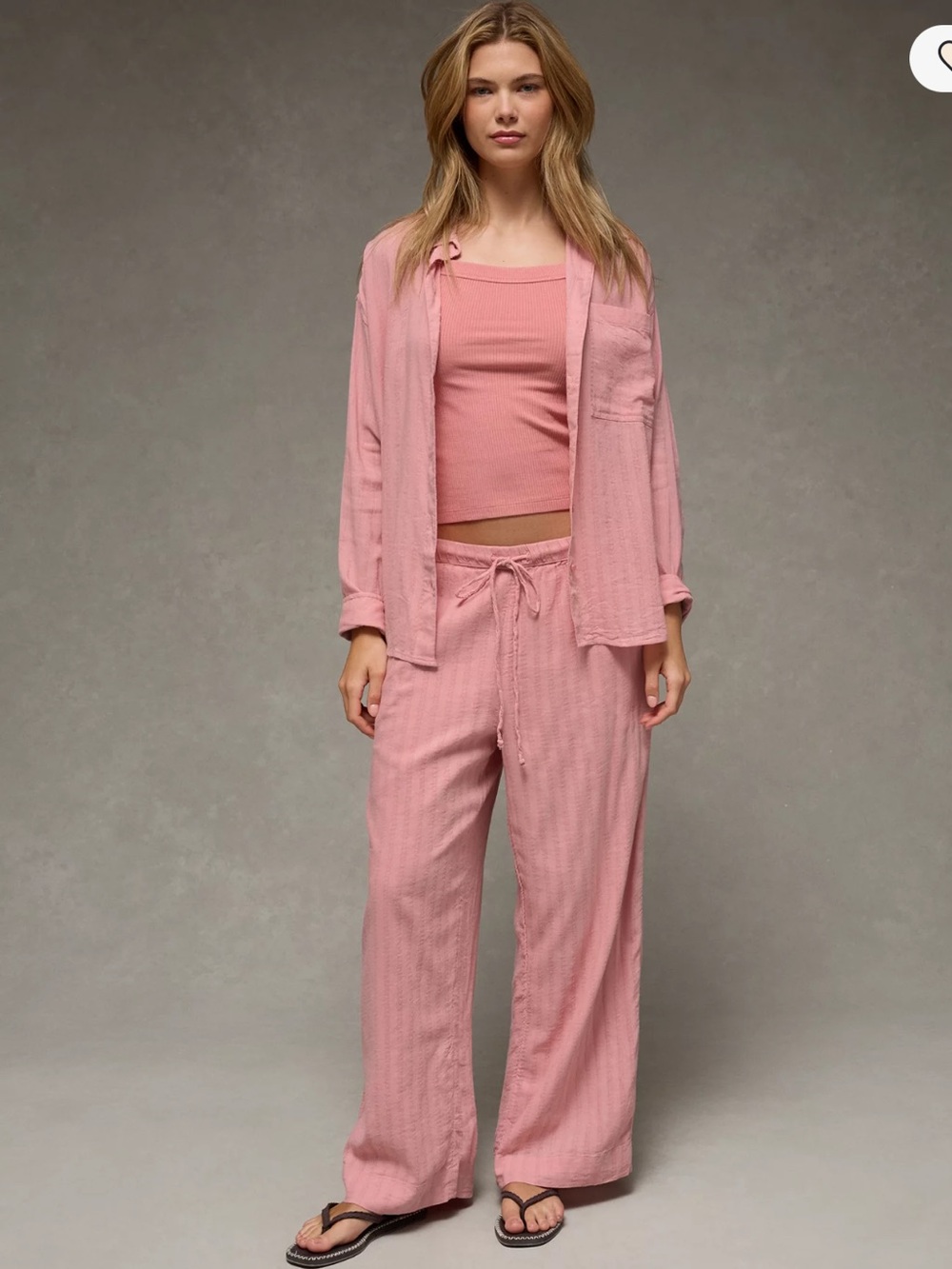 American Eagle Outfitters Pink Wide-Leg Relaxed Linen Drawstring Pants
